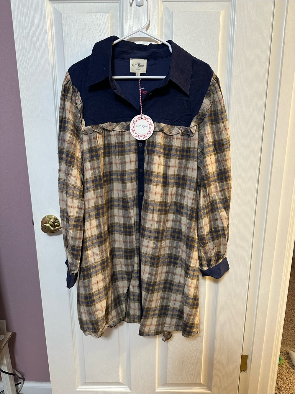 Umgee Large NWT Navy and Beige Plaid Button-Front Shirt Dress